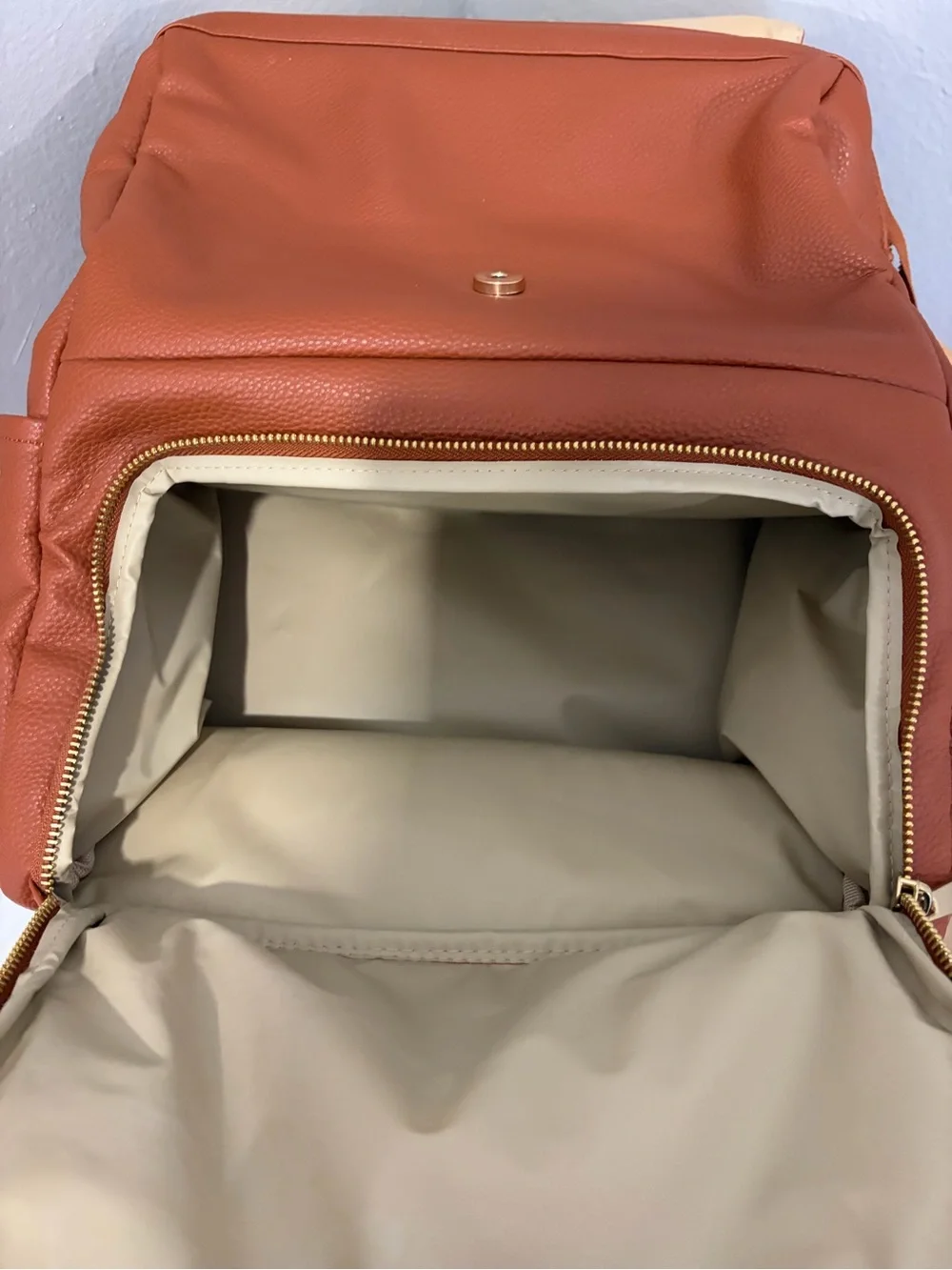 Tan Leather Backpack with Gold Accents - Brand: Unknown